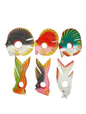VTG Tropical Fish Napkin Rings Wooden Hand Carved & Painted Set Of 6 Circa 1980s